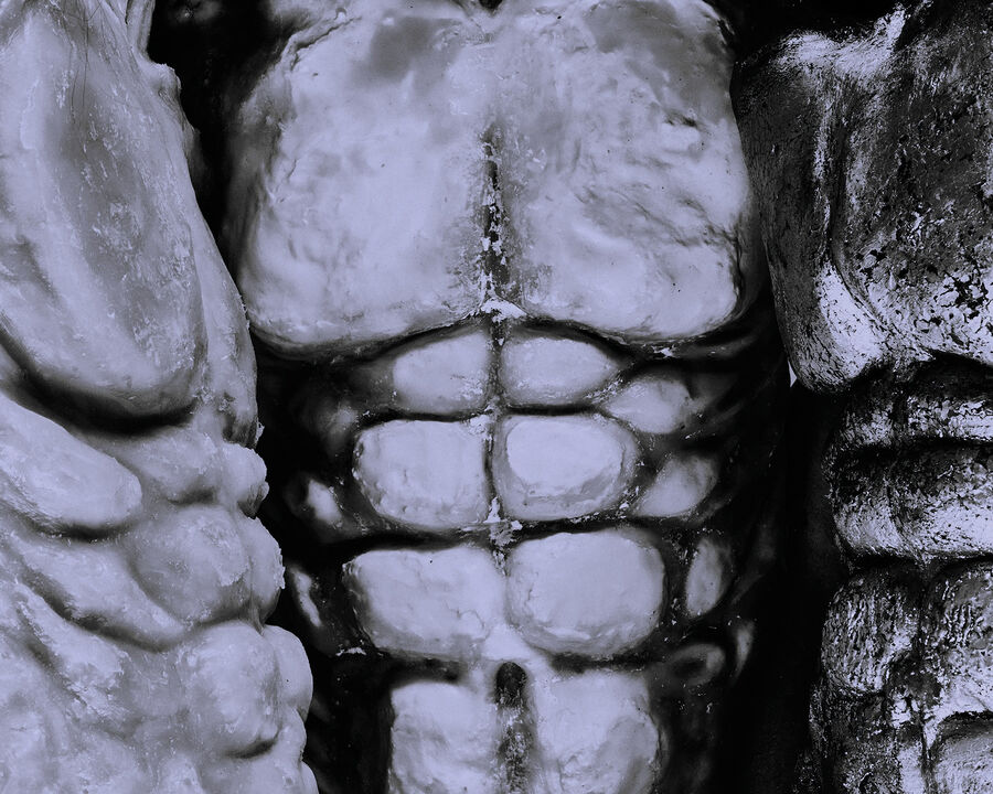Zwart wit beeld van drie torso's van gespierde mannen met buikspieren