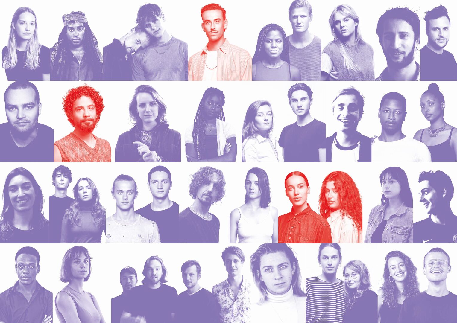 Portret beeld van 41 personen, veel van hen zijn blauw gekleurd enkele rood