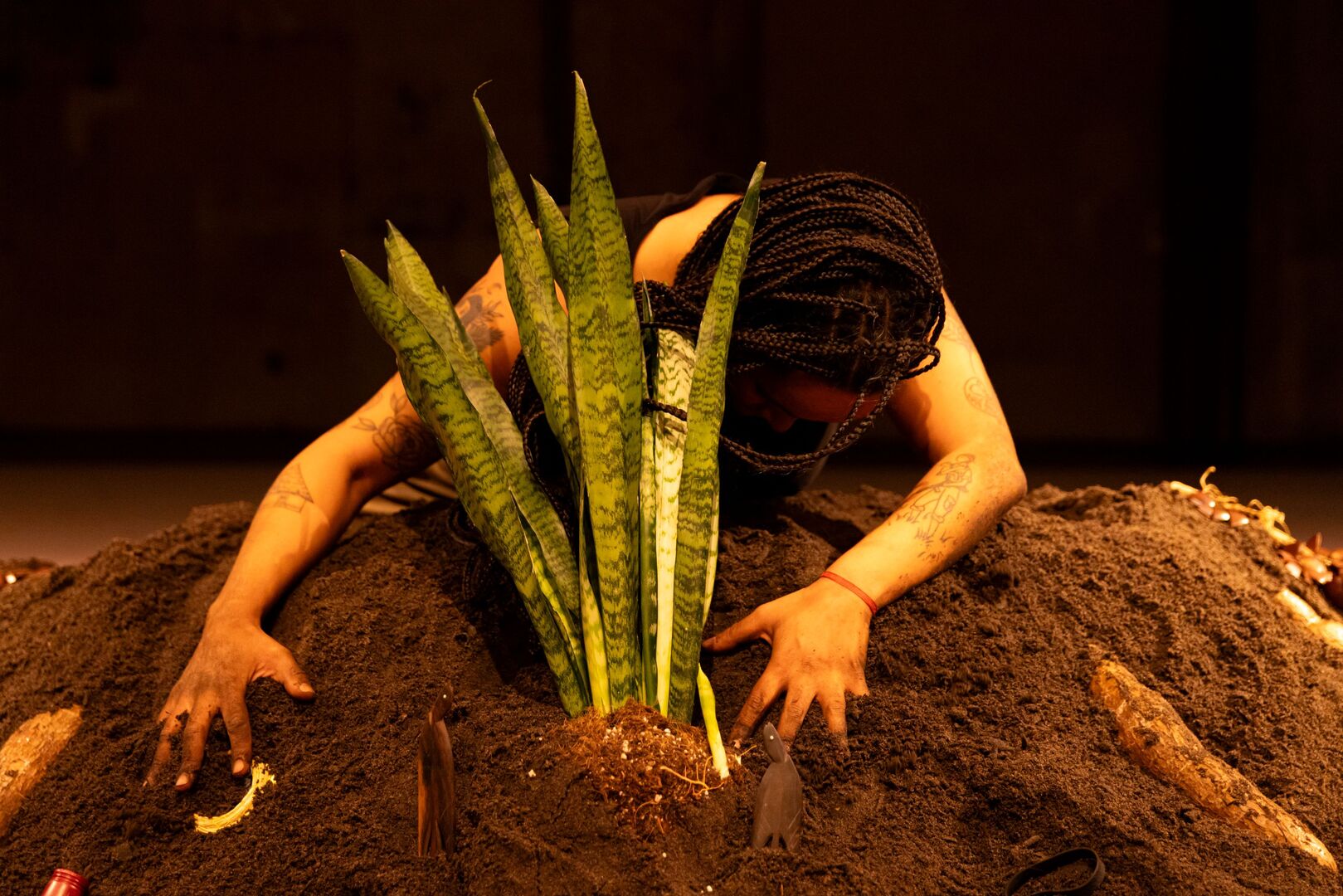 Vrouw ligt over een berg aarde waar een plant in zit