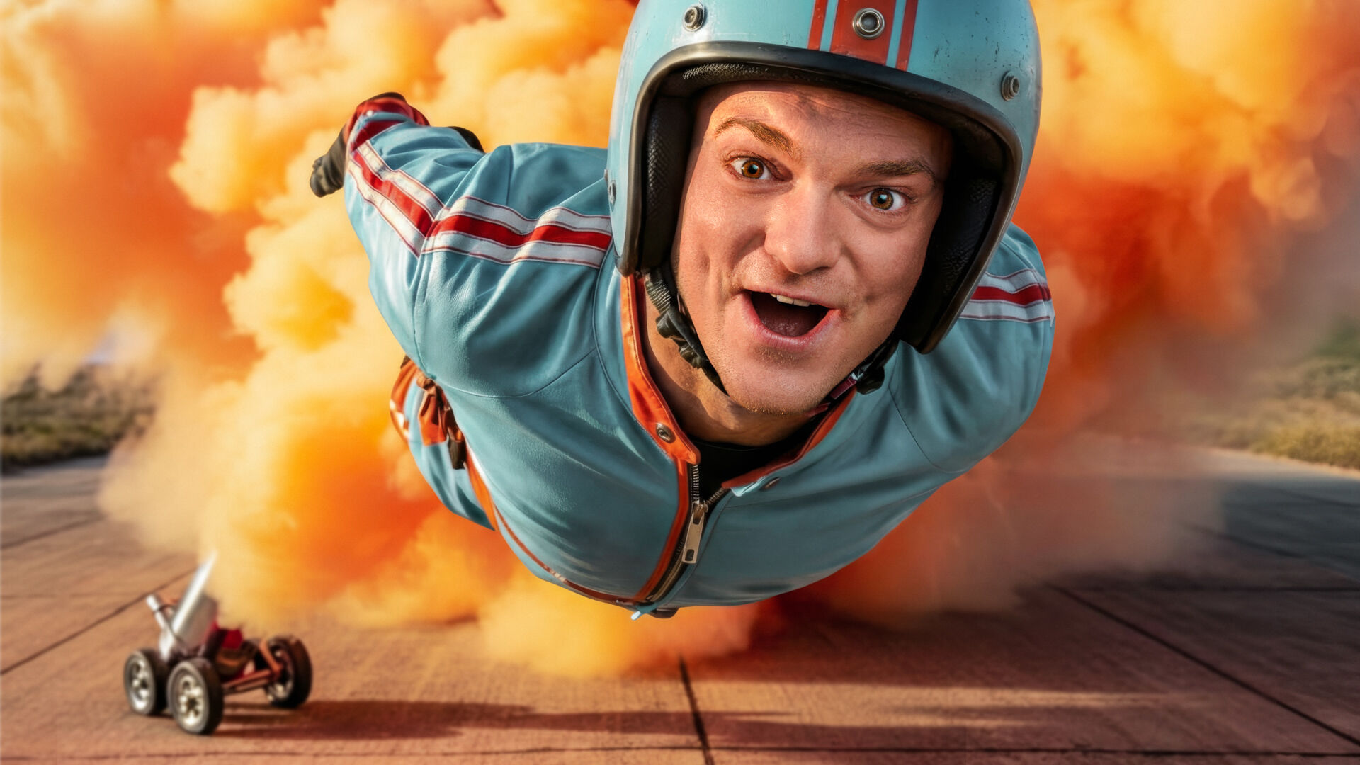 Man wordt gelanceerd richting camera met grote wolk achter hem 