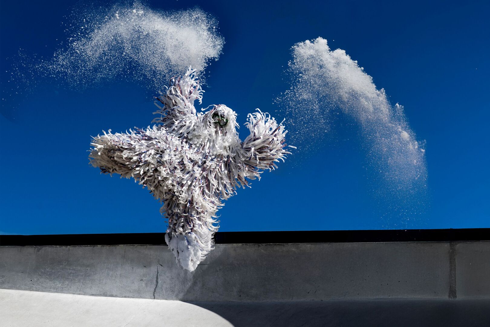 Een pluizig wit monster springt in de lucht